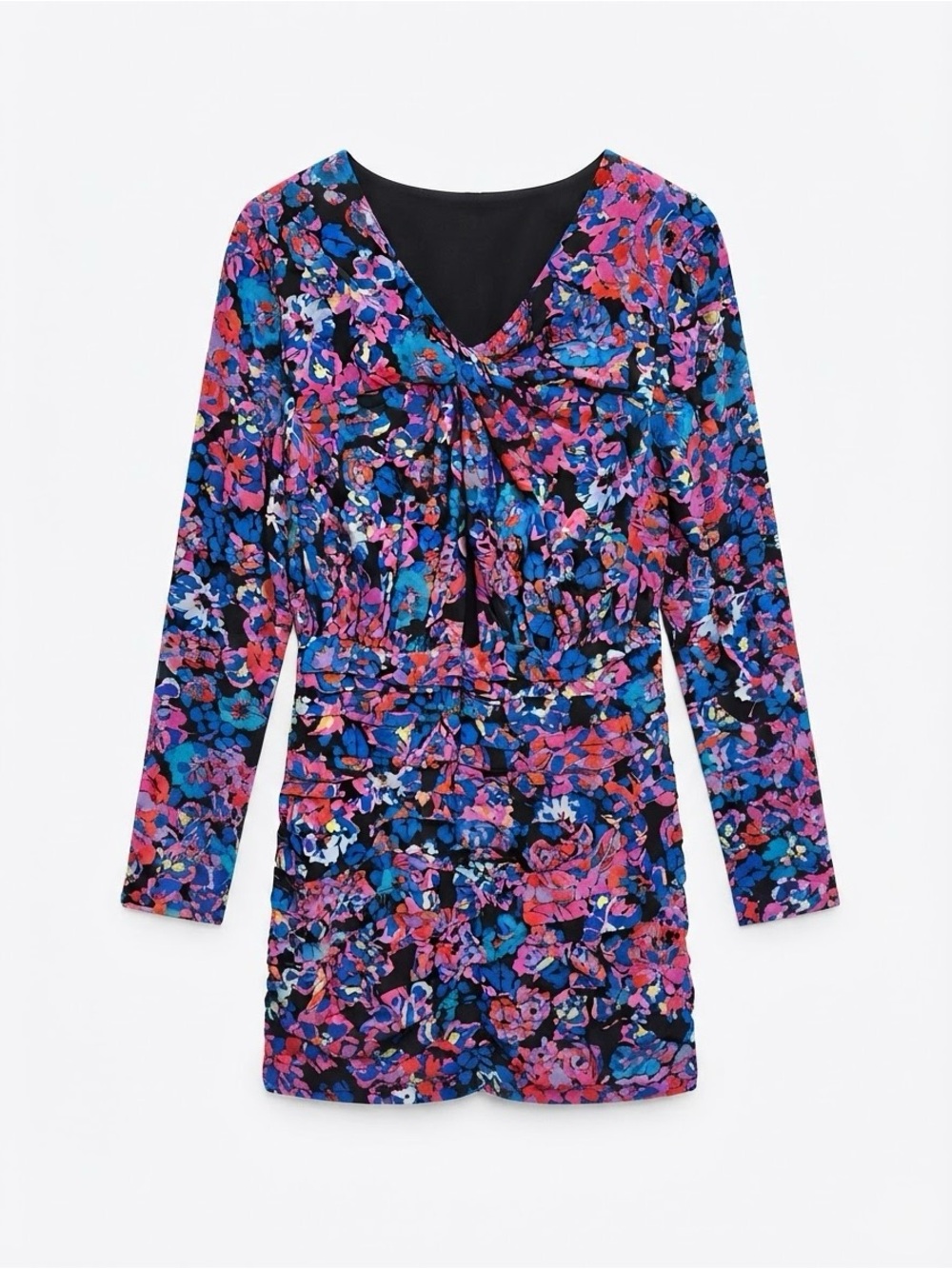 Zara Black Multicolor Floral-Print Long Sleeve Dress
